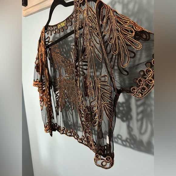 Sheer Open Front Special Occassion Cardigan with Gold/Black Embroidery - Picture 7 of 8
